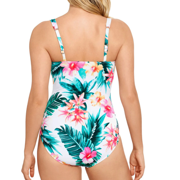 Swim Solutions TROPICAL PUNCH Hibiscus Tummy-Control One-Piece Swimsuit 10 NEW - Picture 2 of 5